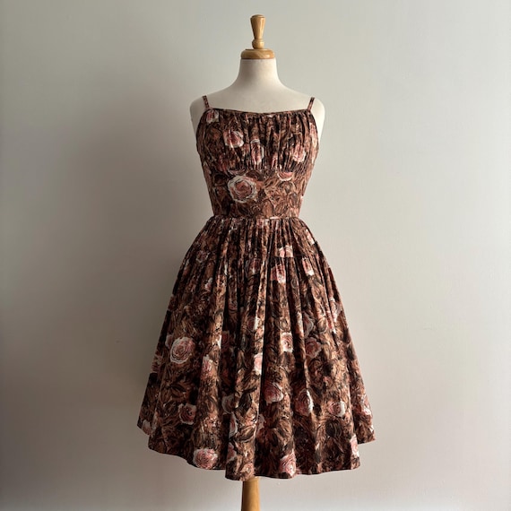 Vintage 1950s NELLY DON Brown with Pink Rose Print Dress / 25" waist