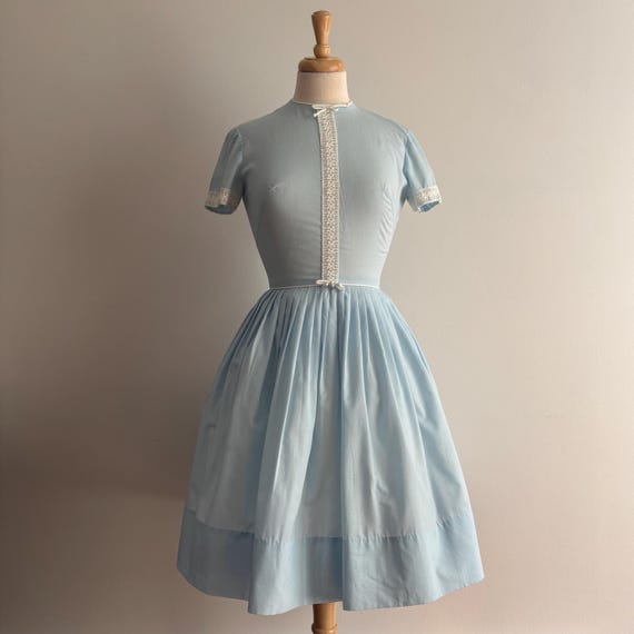 Vintage 1960s GAY GIBSON Baby Blue & White Lace Trim Dress / 24 inch waist