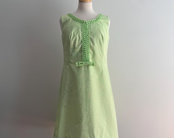 Vintage 1960s Lime Green Floral Shift Dress with Ruffles and Bow / 38-40 bust