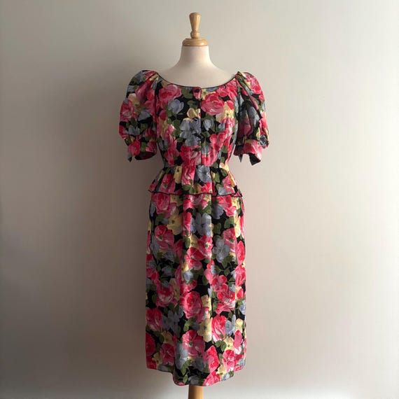 Vintage DIANE DICKINSON for Gentilesse Bold Floral Peplum Dress / 6
