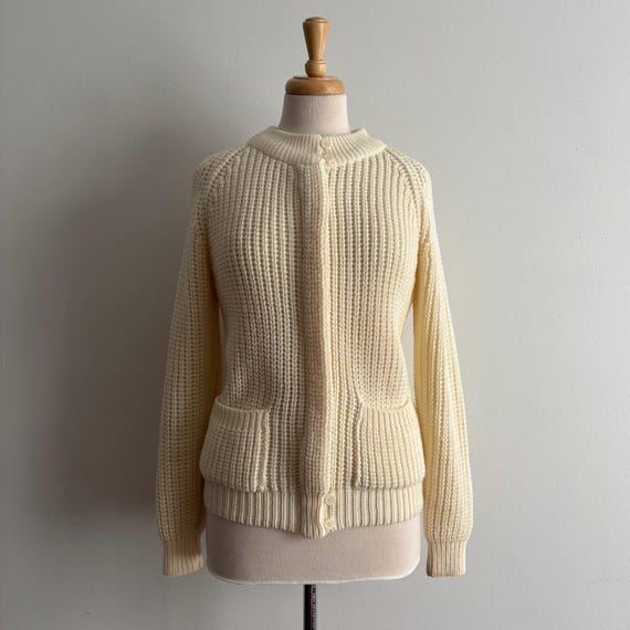 Vintage 1980s Ivory Knit Zip Front Cardigan Sweater / S
