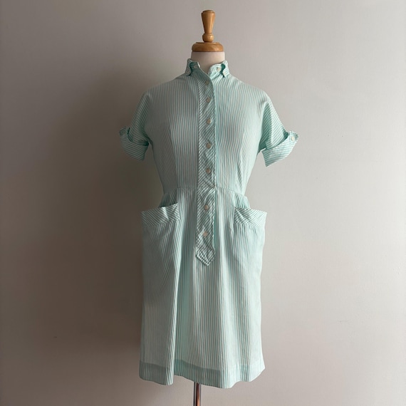 Vintage 1960s Robin's Egg Blue & White Candy Stripe Button Down Dress / 28 waist