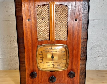 1937 Emerson Tombstone AM/SW/MP3 Radio, Bluetooth Option, Ingraham Cabinet, Art Deco Model R152, Elec Restored