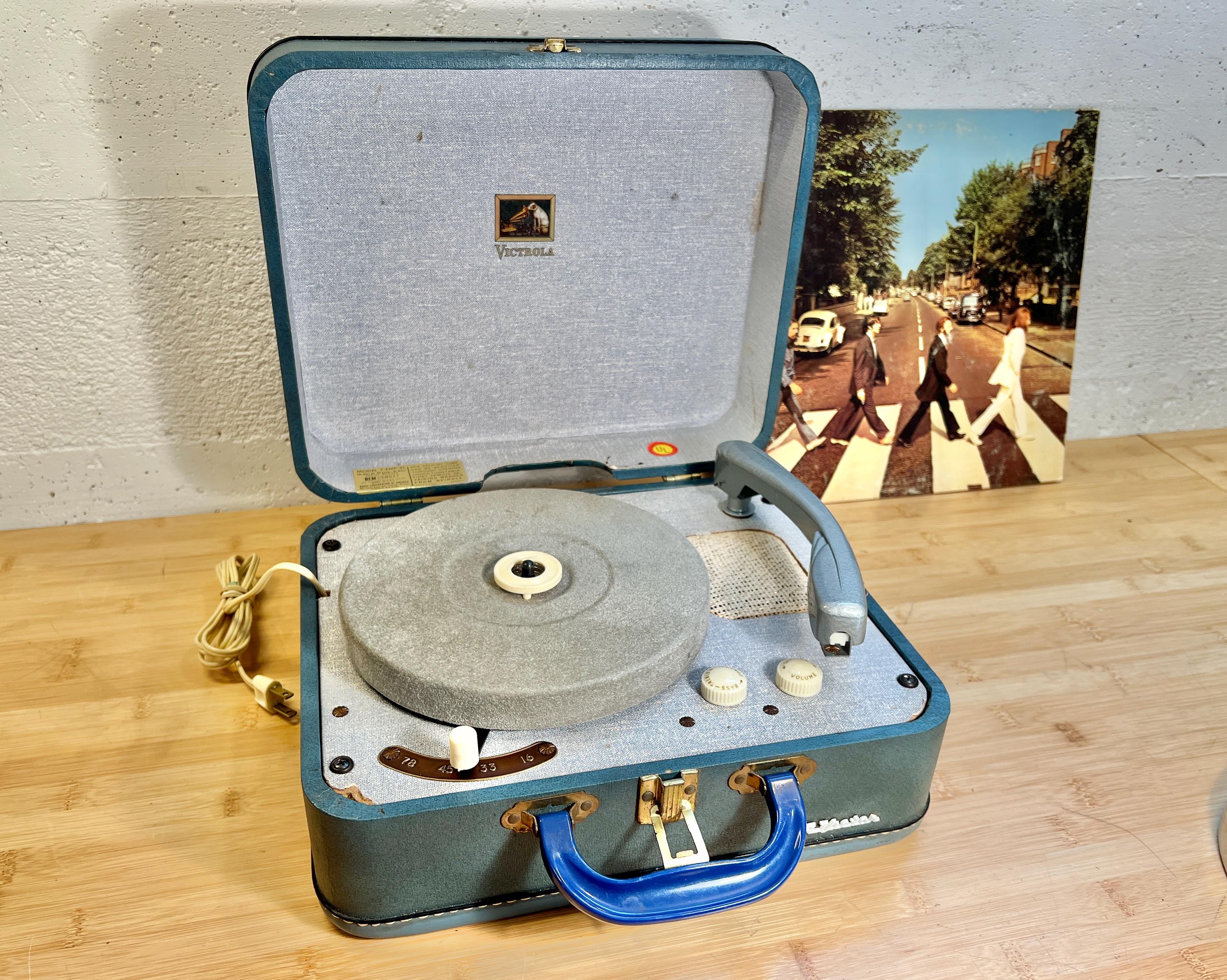 1956 RCA Portable Record Player, 4 Speed, Fully Serviced Blue