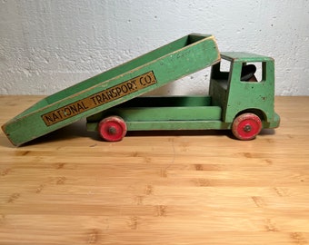 Antique British Wooden Truck Toy, National Transport Co, RHD, Tilt Bed
