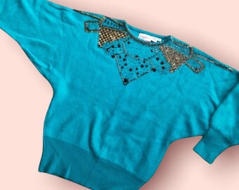 80s Beaded Angora Blend Sweater, Teal Blue Batwing Sleeve