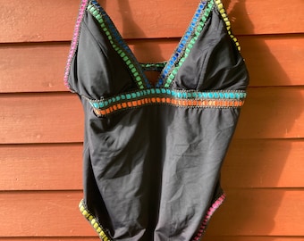 1980s Black One-Piece Swimsuit: LaBianca, Neon Crochet Trim