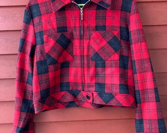 90s Red Plaid Crop Jacket, Grunge Zip Up, Size M