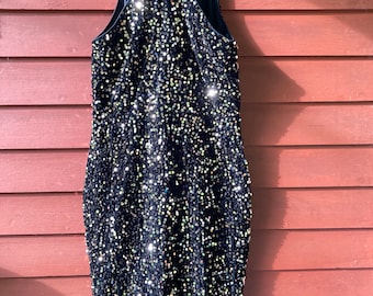 80s Black Velvet Sequin Halter Dress, Stretch Fit