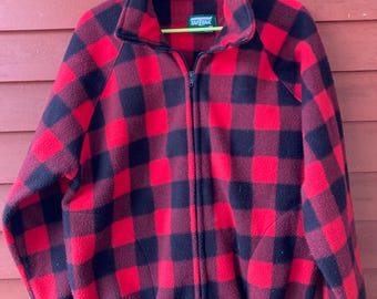 Vintage Saf T Back Fleece Jacket, Buffalo Plaid, Made in USA (Size M)