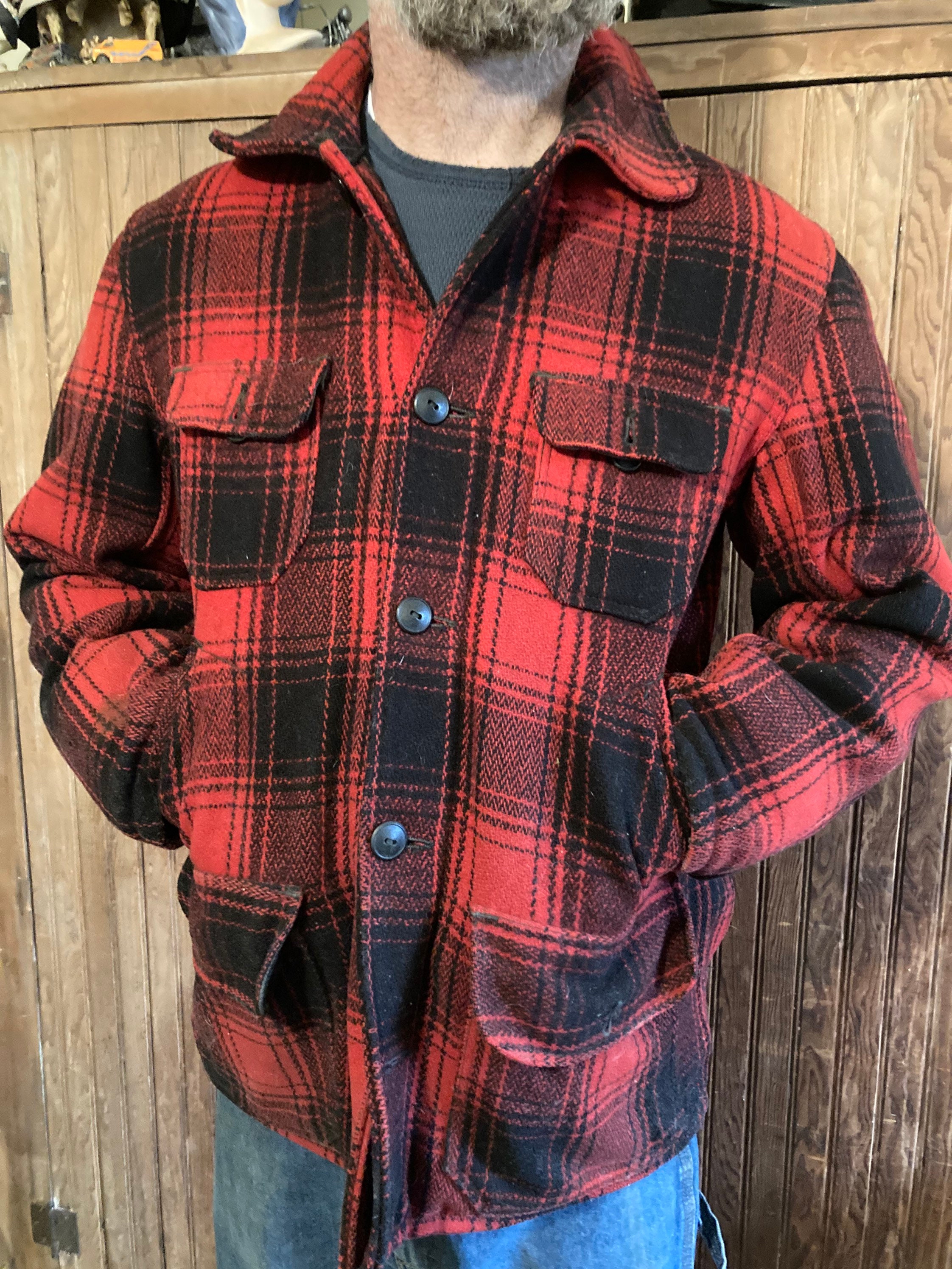 Vintage 1950s Bullseye Bill Wool Black and Red Plaid Hunting Jacket Lined in Chamois Cloth , Size 44 shown on A Size 42