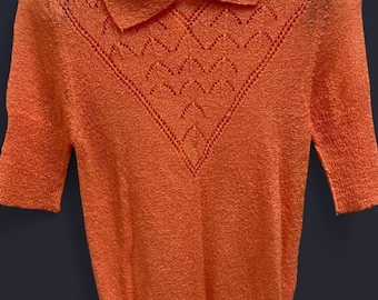 1960s Knit Top XS - Creamy Orange Openwork Yoke