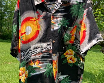 80s Hawaiian Shirt XL, Sunset Tropical Graphics