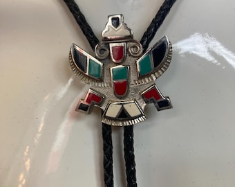 Cool Zuni style silver tone thunderbird bolo tie