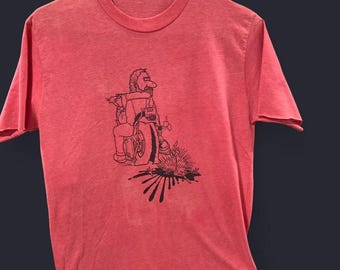 Vintage 70s Biker Tee: Porcupine Graphic, Distressed Grunge