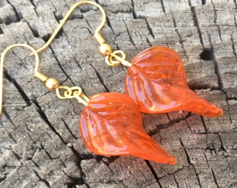 Orange Glass Leaf Autumn Earrings with Gold Ear Hooks