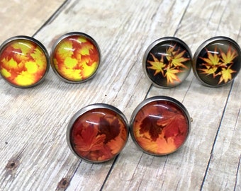 Fall Leaf Autumn Seasonal Earring Studs | Maple & Pot Leaves