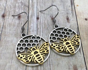 Honeycomb Bee Earrings with Stainless Steel Hooks
