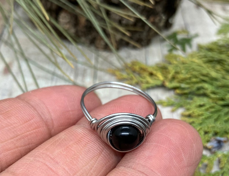 Black Obsidian Stainless Steel Wire Wrapped Ring image 7