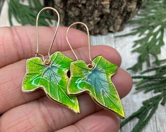 Green Leaf Earrings with Gold Hooks