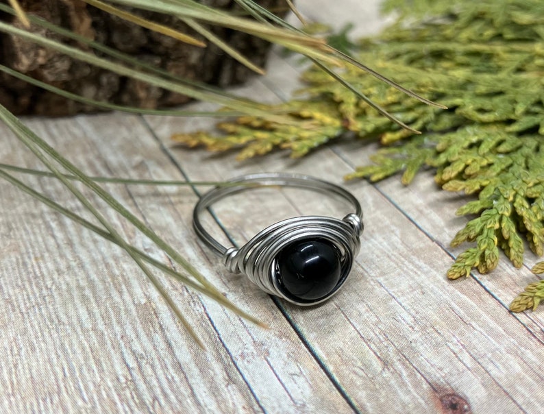 Black Obsidian Stainless Steel Wire Wrapped Ring image 2