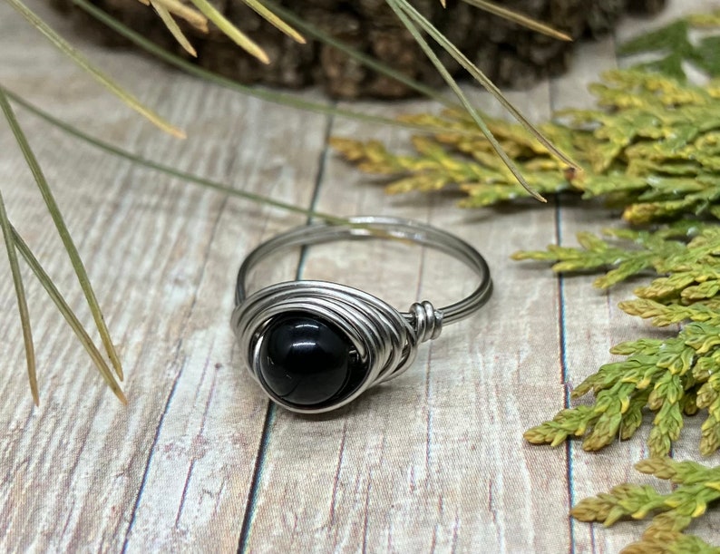 Black Obsidian Stainless Steel Wire Wrapped Ring image 5