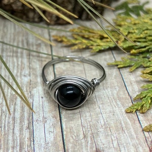 Black Obsidian Stainless Steel Wire Wrapped Ring image 1