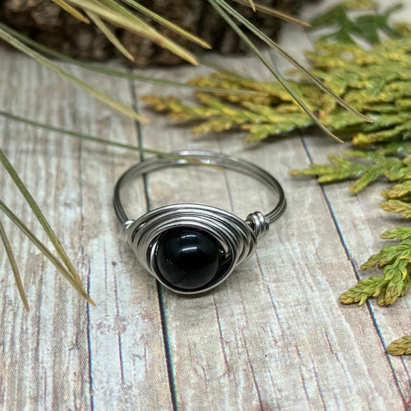 Black Obsidian Stainless Steel Wire Wrapped Ring
