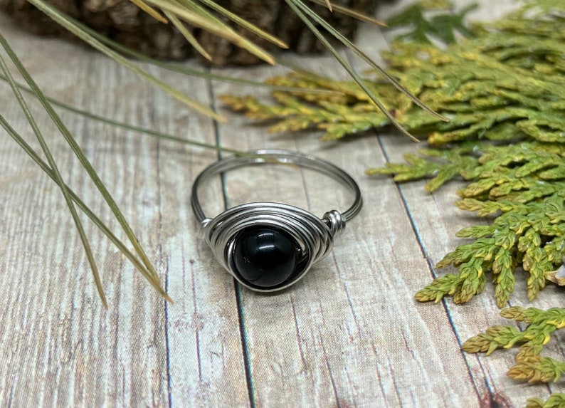 Black Obsidian Stainless Steel Wire Wrapped Ring image 1