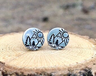 Mountain Scene Ear Studs | Hand Stamped | Landscape | Nature Earrings