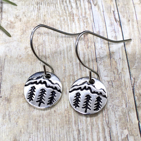 Pine Tree Forest Small Silver Dangle Earrings