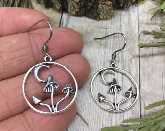 Mushroom & Moon Silver Earrings