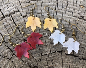 Fall Leaf Earrings in Red, Yellow, or White with Bronze Hooks