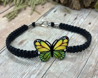 Enamel Butterfly Bracelet with Woven Black Cord