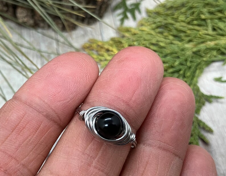 Black Obsidian Stainless Steel Wire Wrapped Ring image 6