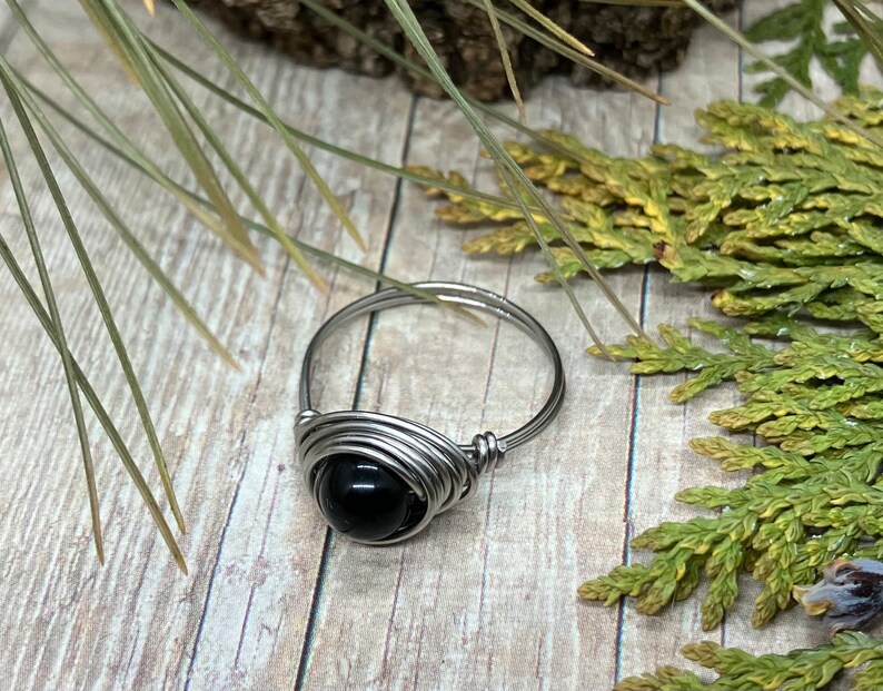 Black Obsidian Stainless Steel Wire Wrapped Ring image 3