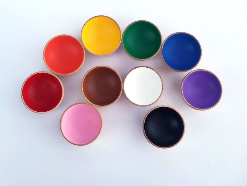 Rainbow bowls preschool learning toy Montessori material Waldorf toy wooden color sorting bowls stacking toy Montessori toddler