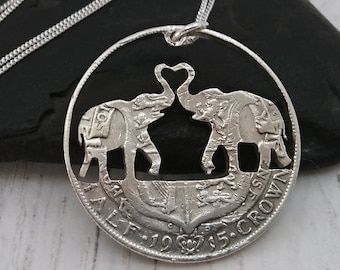 Silver Elephants in love, unique gift handcrafted from an antique British silver coin,  Anniversary or Valentines made in reclaimed metal