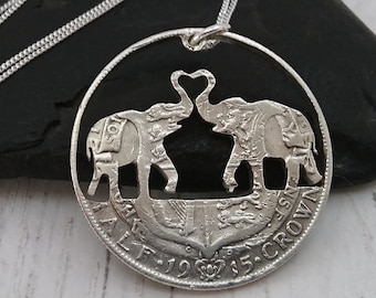 Silver Elephant Heart Necklace, Antique Coin Jewelry, Sterling Silver Chain, 25th Anniversary