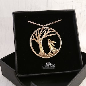 Hare Gazing pendant handcrafted from vintage coin, Forest Gazing Hare, Year Gift, Rabbit necklace, Bronze Anniversary gift, Moon Gazing Hare