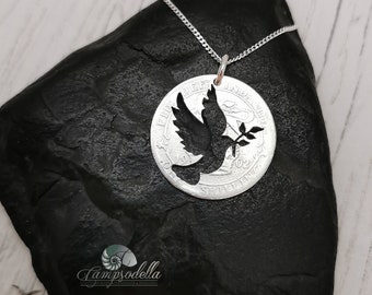 Dove and branch pendant, symbol of peace, handmade from a solid silver British coin Shilling gift for him her from recycled materials