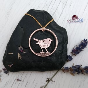 Robin necklace: Handmade from bronze vintage coin, British penny wildlife pendant