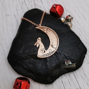 Hare in the Moon pendant handmade from coins, Moon Gazing hare jewellery in bronze, Campsodella Hare necklace made from recycled coins image 7