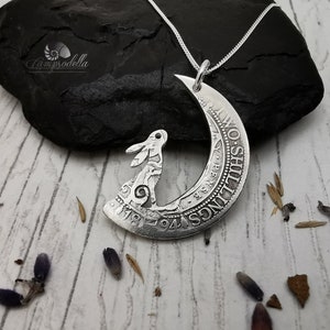Silver Hare in the Moon pendant hand made from an antique coin, recycled hare jewellery gift for her,  Rabbit necklace 925 silver bunny