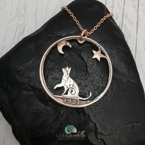 Moon Gazing Cat pendant handmade in Bronze from a vintage coin, Feline friend to bring you Good luck,  gift for cat lovers,  8th anniversary