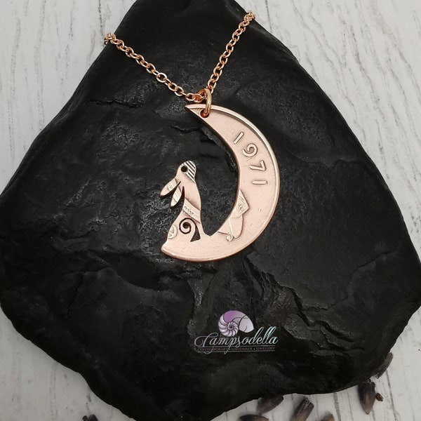 Hare in the Moon pendant handmade from 1971 coin, year Birthday gift, Moon Gazing hare jewellery in copper, Irish Hare pendant