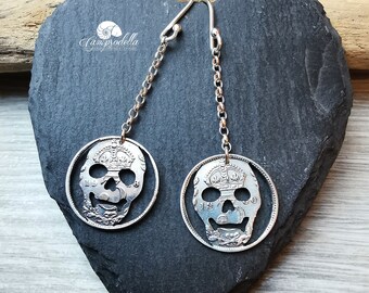 Silver Skull Earrings : Recycled Coin Gothic Jewellery Handmade