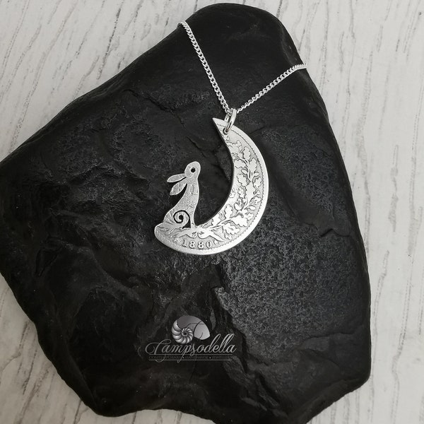 Sterling Silver Rabbit Moon Pendant: Handmade Antique Shilling Necklace