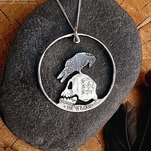 Black Raven and Silver skull pendant handcut from antique coin,  ideal gift for a Poe Goth fan. Eco jewellery with Magical touch Spellbound