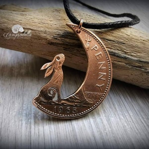 Hare in the Moon pendant handmade from coins, Moon Gazing hare jewellery in bronze, Campsodella Hare necklace made from recycled coins image 1